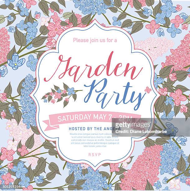 ilustrações, clipart, desenhos animados e ícones de muito feminino-de-rosa e azuis de convite modelo jardim - lilás arbusto