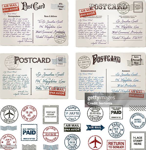 vintage-postkarten und briefmarken set poststempel - luftpost stock-grafiken, -clipart, -cartoons und -symbole