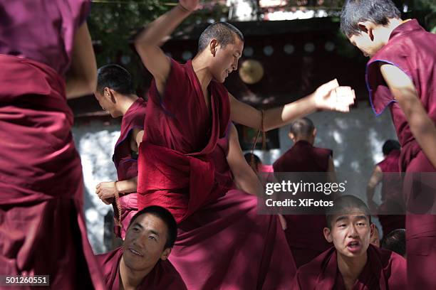 monks debating in sera monastry, lhasa, tibet. - tibetan buddhism stock pictures, royalty-free photos & images