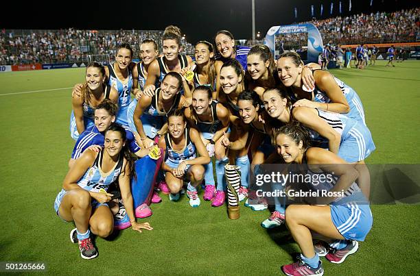 Players of Argentina celebrate after winning the final match between Argentina and New Zealand as part of Day 9 of the Hockey World League Final...