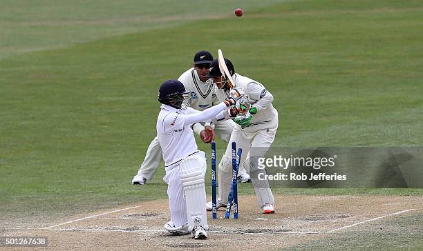 Dushmantha Chameera of Sri Lanka is bowled by Mitchell Santner of New Zealand during day five of the First Test match between New Zealand and Sri...