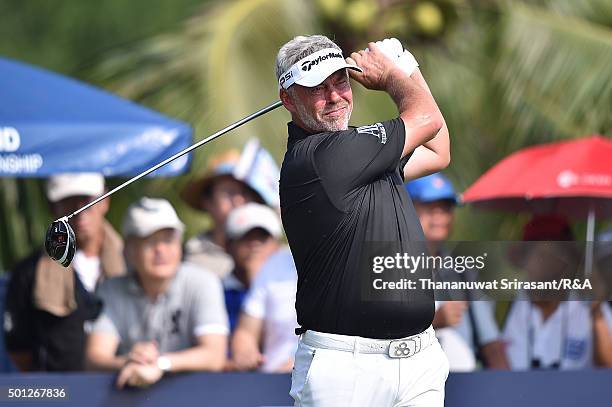 Darren Clarke of North Ireland plays the shot during the final round of the 2015 Thailand Open at Amata Spring Country Club on December 13, 2015 in...