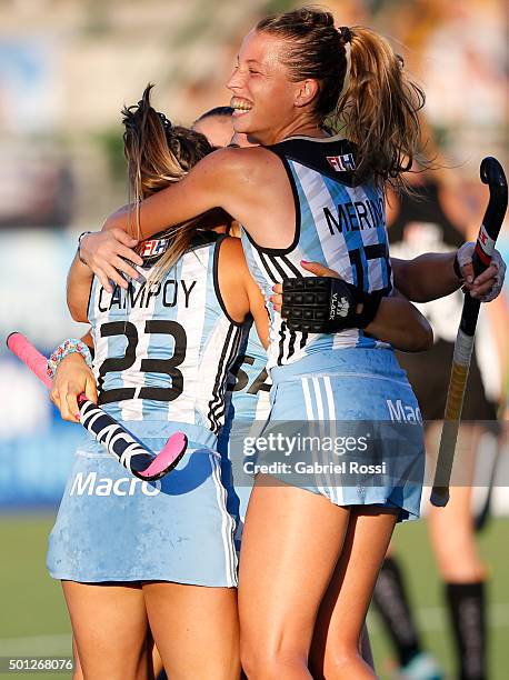 Maria Granatto of Argentina and teammates celebrate their team's first goal during a final match between Argentina and New Zealand as part of Day 9...