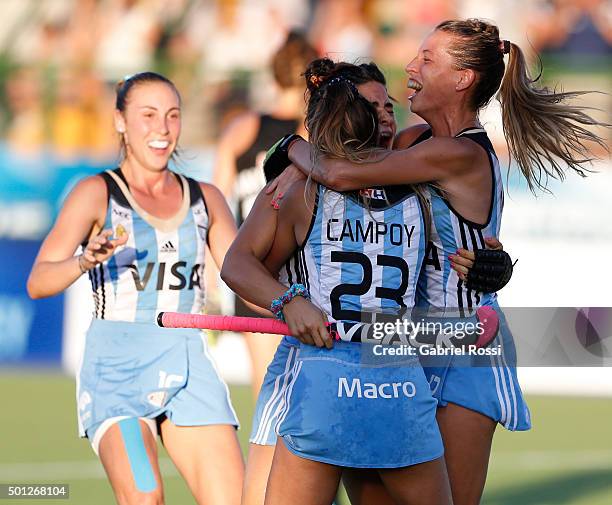 Maria Granatto of Argentina and teammates celebrate their team's first goal during a final match between Argentina and New Zealand as part of Day 9...