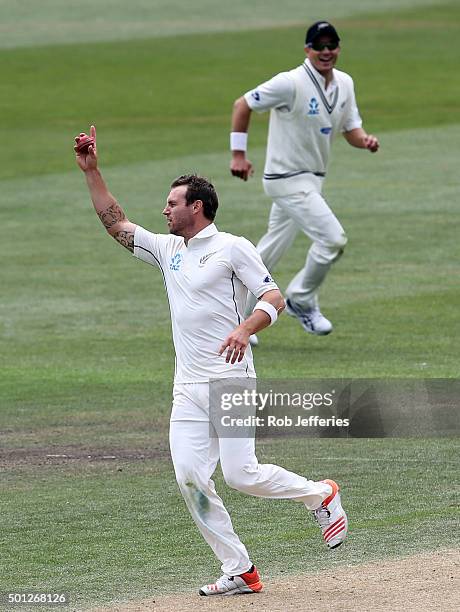 Doug Bracewell of New Zealand celebrates taking the wicket of Suranga Lakmal of Sri Lanka during day five of the First Test match between New Zealand...