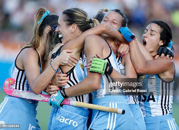 Maria Pilar Campoy of Argentina and teammates celebrate their team's second goal during a final match between Argentina and New Zealand as part of...