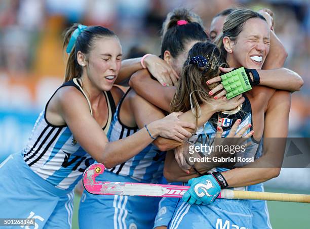 Maria Pilar Campoy of Argentina and teammates celebrate their team's second goal during a final match between Argentina and New Zealand as part of...
