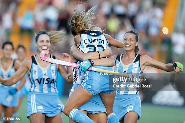 Maria Pilar Campoy of Argentina and teammates celebrate their team's second goal during a final match between Argentina and New Zealand as part of...