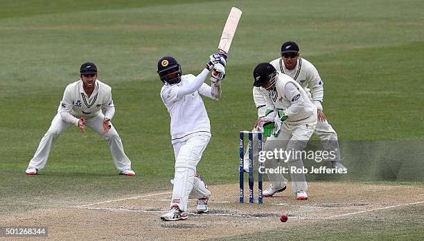 Suranga Lakmal of Sri Lanka bats during day five of the First Test match between New Zealand and Sri Lanka at University Oval on December 14, 2015 in...