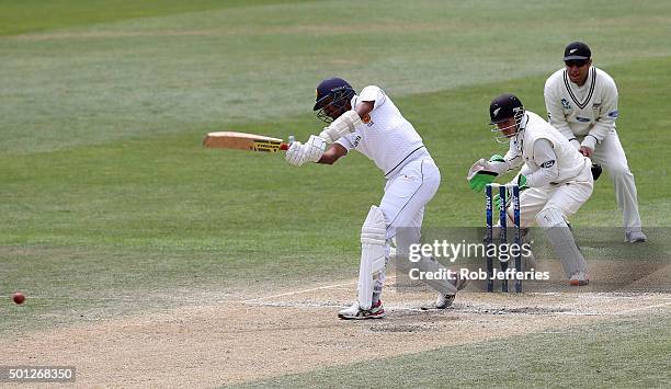 Suranga Lakmal of Sri Lanka on the drive during day five of the First Test match between New Zealand and Sri Lanka at University Oval on December 14,...