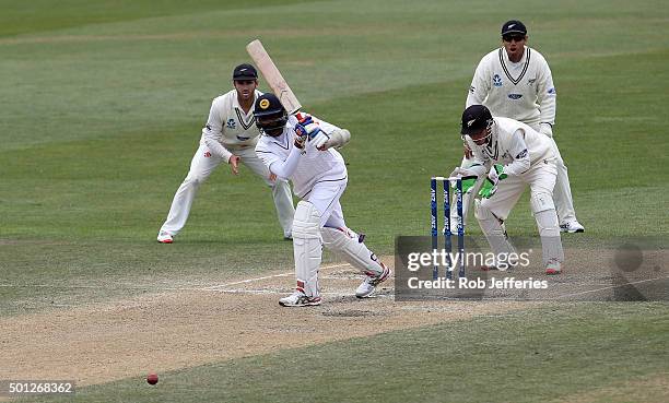 Suranga Lakmal of Sri Lanka bats during day five of the First Test match between New Zealand and Sri Lanka at University Oval on December 14, 2015 in...