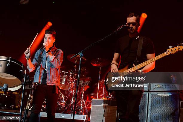 Musicians Dan Smith and Will Farquarson of Bastille perform onstage during 106.7 KROQ Almost Acoustic Christmas 2015 at The Forum on December 12,...