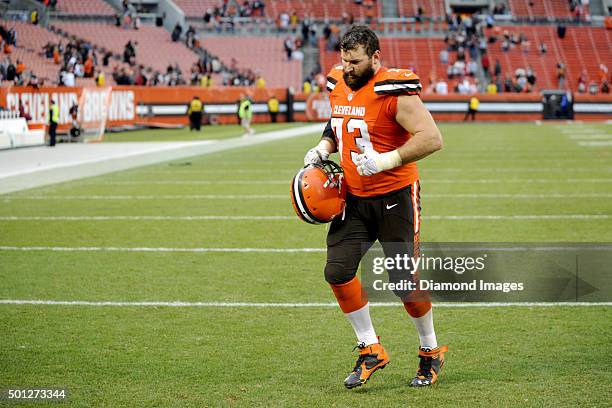 Left tackle Joe Thomas of the Cleveland Browns runs off the field after a game against the San Francisco 49ers on December 13, 2015 at FirstEnergy...