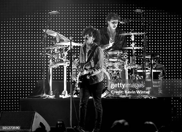 Musicians Matthew Healy and George Daniel of The 1975 perform onstage during 106.7 KROQ Almost Acoustic Christmas 2015 at The Forum on December 13,...