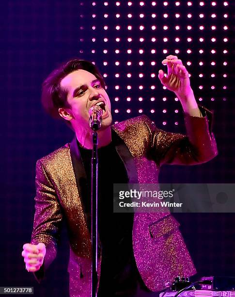 Musician Brendon Urie of Panic! At the Disco performs onstage during 106.7 KROQ Almost Acoustic Christmas 2015 at The Forum on December 13, 2015 in...