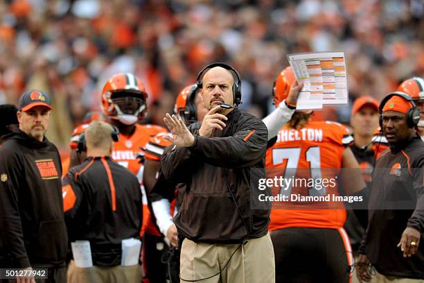 Head coach Mike Pettine of the Cleveland Browns signals toward and official during a game against the San Francisco 49ers on December 13, 2015 at...