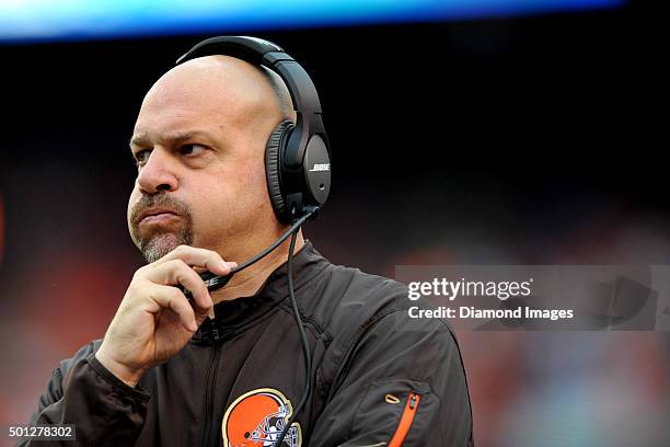 Head coach Mike Pettine of the Cleveland Browns takes a deep breath during a game against the San Francisco 49ers on December 13, 2015 at FirstEnergy...