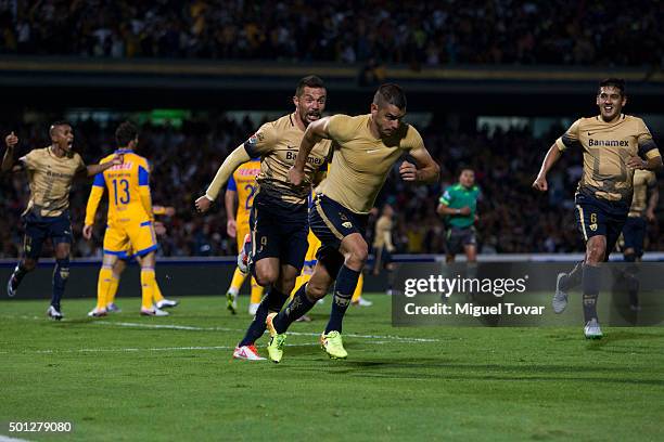 Gerardo Alcoba of Pumas celebrates after scoring the fourth goal of his team during the final second leg match between Pumas UNAM and Tigres UANL as...