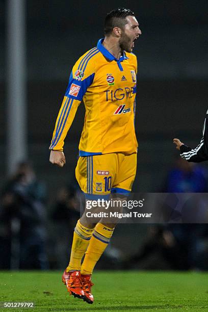 Andre Pierre Gignac celebrates after scoring the first goal of his team during the final second leg match between Pumas UNAM and Tigres UANL as part...