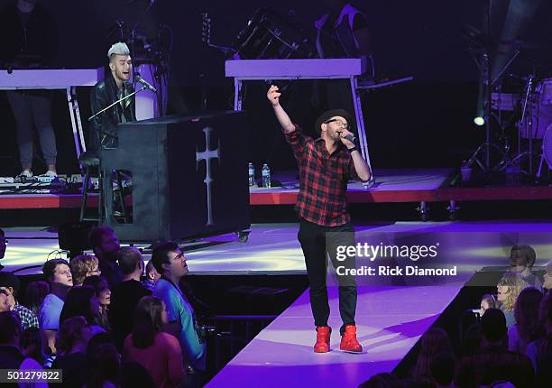 Singer/Songwriter Colton Dixon joins Singer/Songwriter Toby Mac and performs during Toby Mac's "This Is Not A Test Tour" at Bridgestone Arena on...