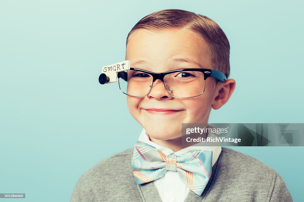 Young Boy Nerd Wearing Smart Glasses