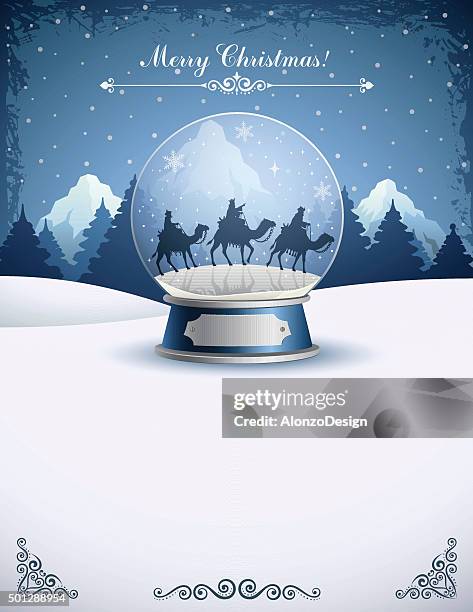 three wise men in a snow globe - three animals stock illustrations