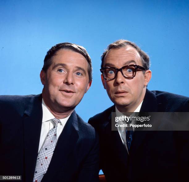 English comedians Eric Morecambe on right and Ernie Wise of the comedy duo Morecambe and Wise posed together in 1966.