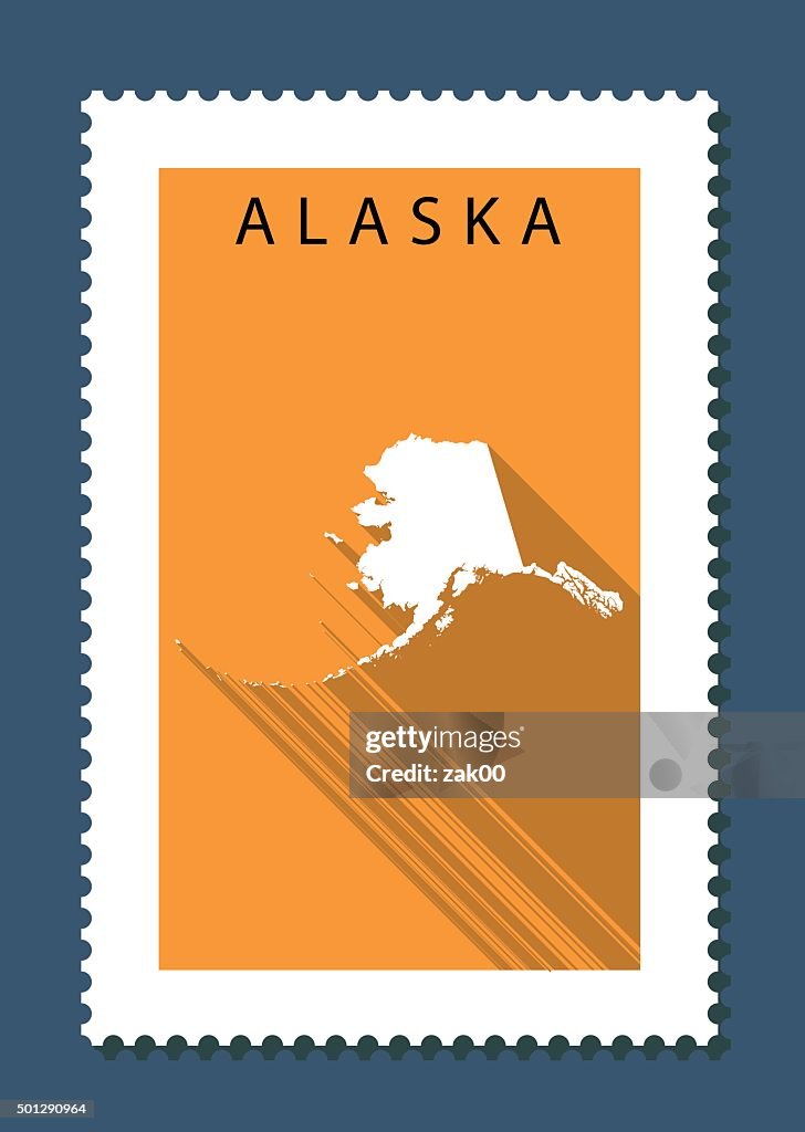 Alaska Map on Orange Background, Long Shadow, Flat Design,stamp