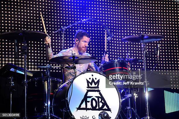 Musician Andy Hurley of Fall Out Boy performs onstage during 106.7 KROQ Almost Acoustic Christmas 2015 at The Forum on December 13, 2015 in...