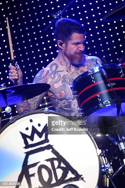 Musician Andy Hurley of Fall Out Boy performs onstage during 106.7 KROQ Almost Acoustic Christmas 2015 at The Forum on December 13, 2015 in...