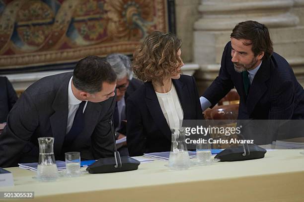 King Felipe VI of Spain and Queen Letizia of Spain attend meeting with Princesa de Girona Foundation at the Royal Palace on December 14, 2015 in...