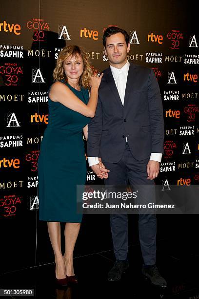 Asier Etxeandia and Emma Suarez attend to the 'Candidates to Goya Cinema Awards 2016' press conference at Academia de Cine on December 14, 2015 in...