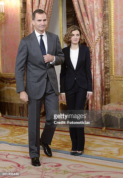 King Felipe VI of Spain and Queen Letizia of Spain meet members of Princesa de Girona Foundation at The Royal Palace on December 14, 2015 in Madrid,...