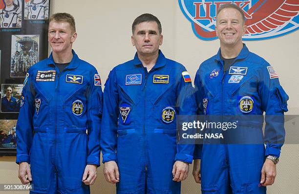 In this handout from NASA, Expedition 46 Flight Engineer Tim Peake of the European Space Agency , Soyuz Commander Yuri Malenchenko of the Russian...