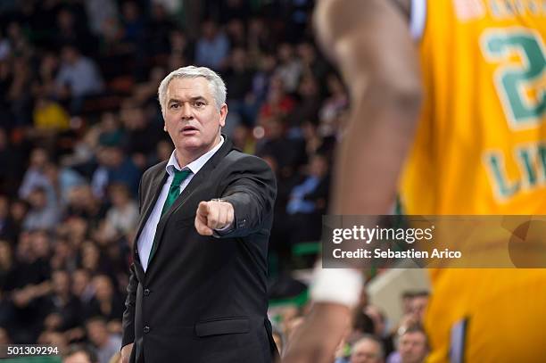 Head Coach of Limoges CSP Philippe Herve gestures during the Turkish Airlines Euroleague Basketball Regular Season Round 9 game between Limoges CSP v...