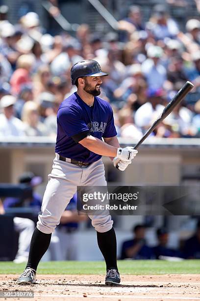 Michael McKenry of the Colorado Rockies bats during the game against the San Diego Padres at Petco Park on Sunday, May 3, 2015 in San Diego,...