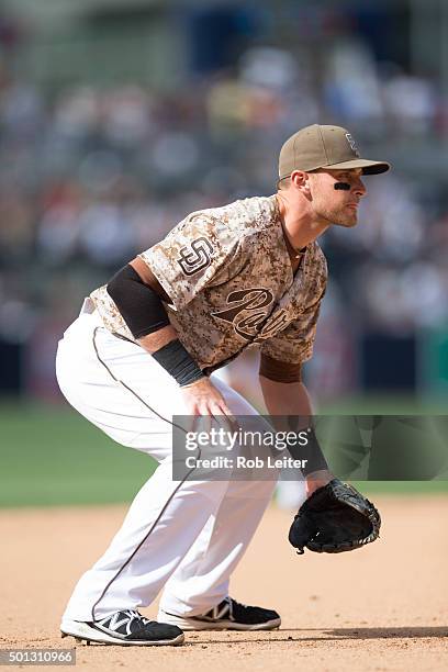 Will Middlebrooks of the San Diego Padres plays defense at third base during the game against the Colorado Rockies at Petco Park on Sunday, May 3,...