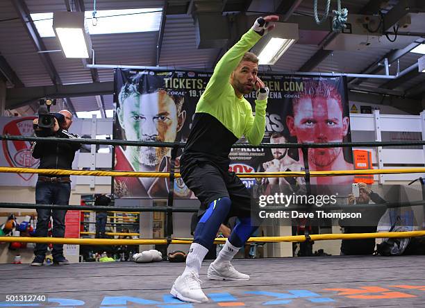 Boxer Billy Joe Saunders skips during a media work-out at Oliver's Gym on December 14, 2015 in Salford, England. Saunders faces champion Andy Lee for...