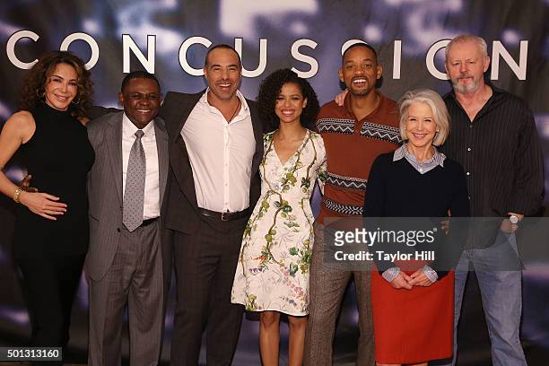 Giannina Scott, Dr. Bennet Omalu, Peter Landesman, Gugu Mbatha-Raw, Will Smith, Elizabeth Cantillon, and David Morse attend a photocall for...