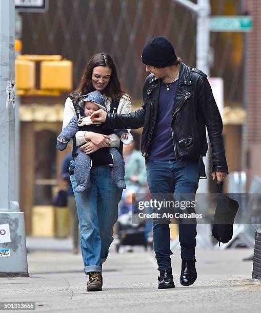 Keira Knightley and James Righton with daughter Edie Righton are seen in Tribeca on December 14, 2015 in New York City.