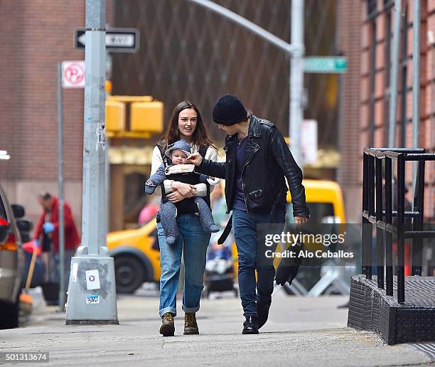 Keira Knightley and James Righton with daughter Edie Righton are seen in Tribeca on December 14, 2015 in New York City.