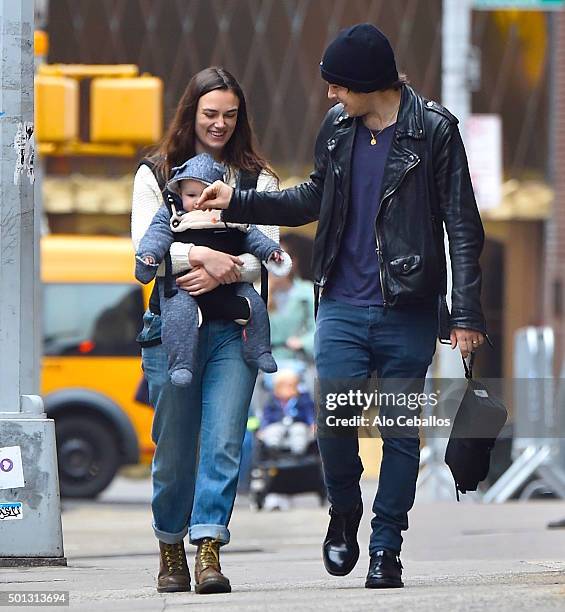 Keira Knightley and James Righton with daughter Edie Righton are seen in Tribeca on December 14, 2015 in New York City.