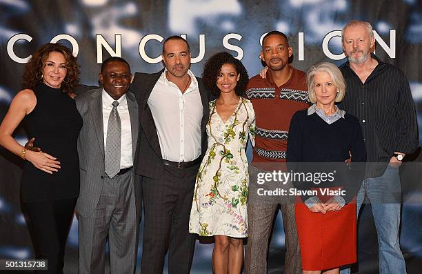 Producer Giannina Scott, Dr. Bennet Omalu, director Peter Landesman, actors Gugu Mbatha-Raw, Will Smith, producer Elizabeth Cantillon and actor David...