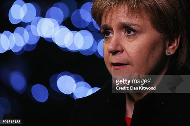 Scottish First Minister Nicola Sturgeon speaks to members of the media outside 10 Downing Street after a meeting with British Prime Minister David...
