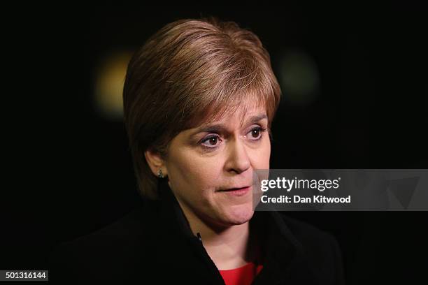 Scottish First Minister Nicola Sturgeon speaks to members of the media outside 10 Downing Street after a meeting with British Prime Minister David...