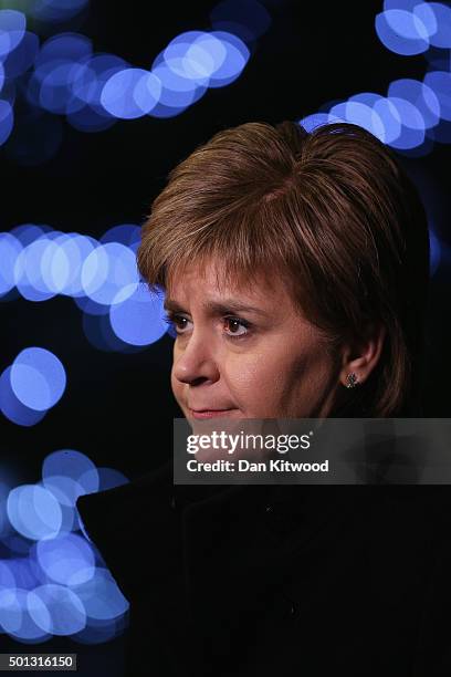 Scottish First Minister Nicola Sturgeon speaks to members of the media outside 10 Downing Street after a meeting with British Prime Minister David...