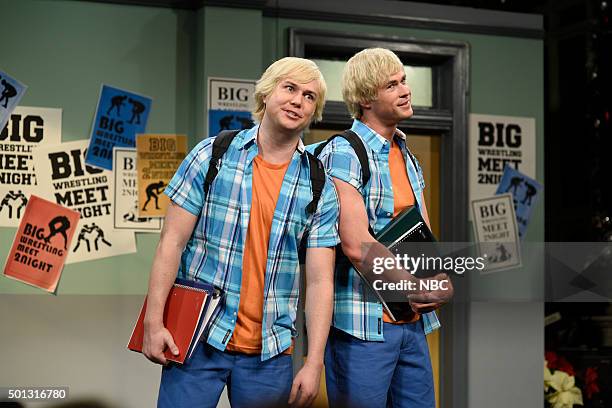 Chris Hemsworth" Episode 1691 -- Pictured: Taran Killam as Marky and Chris Hemsworth as Matty during the "Brother 2 Brother: Wrestling Meet" sketch...