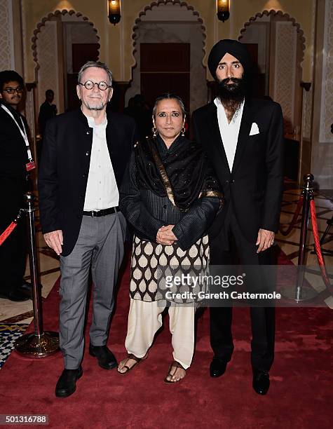 Producer David Hamilton, director Deepa Mehta and actor Waris Ahluwalia attend the "Beeba Boys" premiere during day six of the 12th annual Dubai...