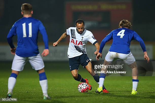 Andros Townsend of Spurs U21s is challenged by Tom Davies of Everton U21s during the Barclays U21 Premier League match between Everton U21 and...