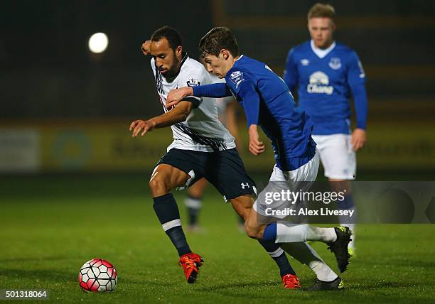 Andros Townsend of Spurs U21s is challenged by Matty Foulds of Everton U21s during the Barclays U21 Premier League match between Everton U21 and...